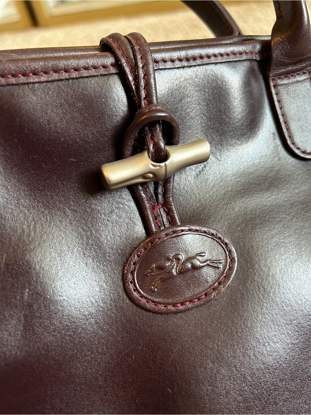 Longchamp Le Roseau Burgundy Brown Leather Handbag Silver Bamboo Clasp Vintage - Picture 3 of 15